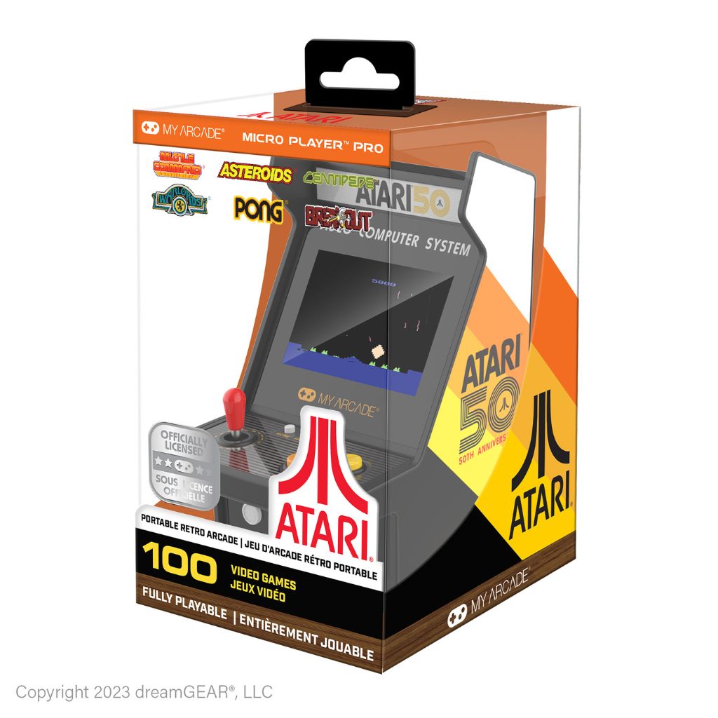 Atari retro arcade game system packaging on a white background