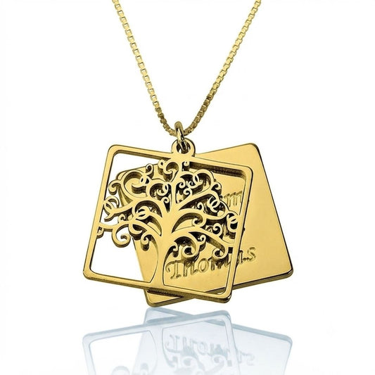 Personalised Engraved Family Tree Square Pendant Necklace