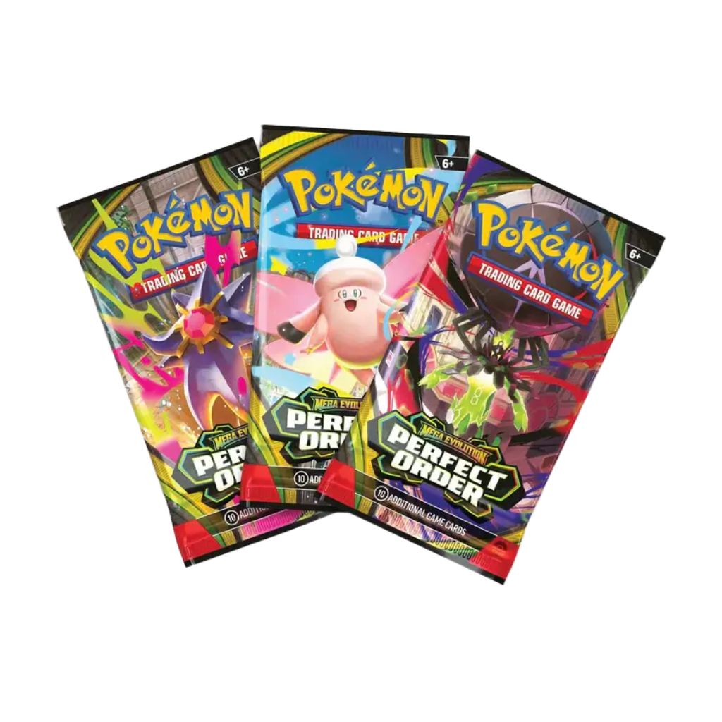 Three Pokémon trading card game packs on a white background
