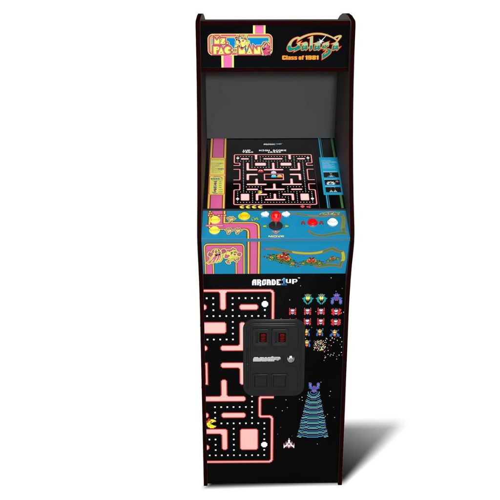 Vintage-style arcade machine with colorful graphics on a white background