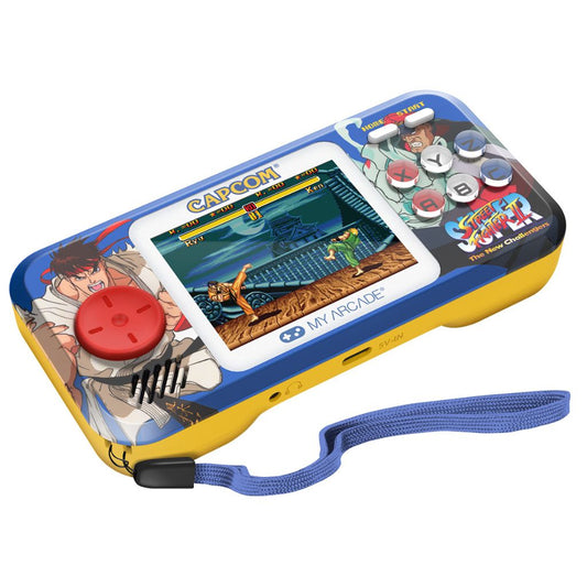 Handheld gaming console with Capcom branding and character design on a white background