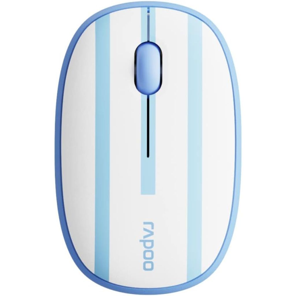 Blue and white computer mouse with Rapoo branding on a white background