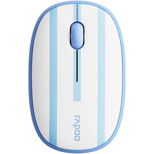 Blue and white computer mouse with Rapoo branding on a white background