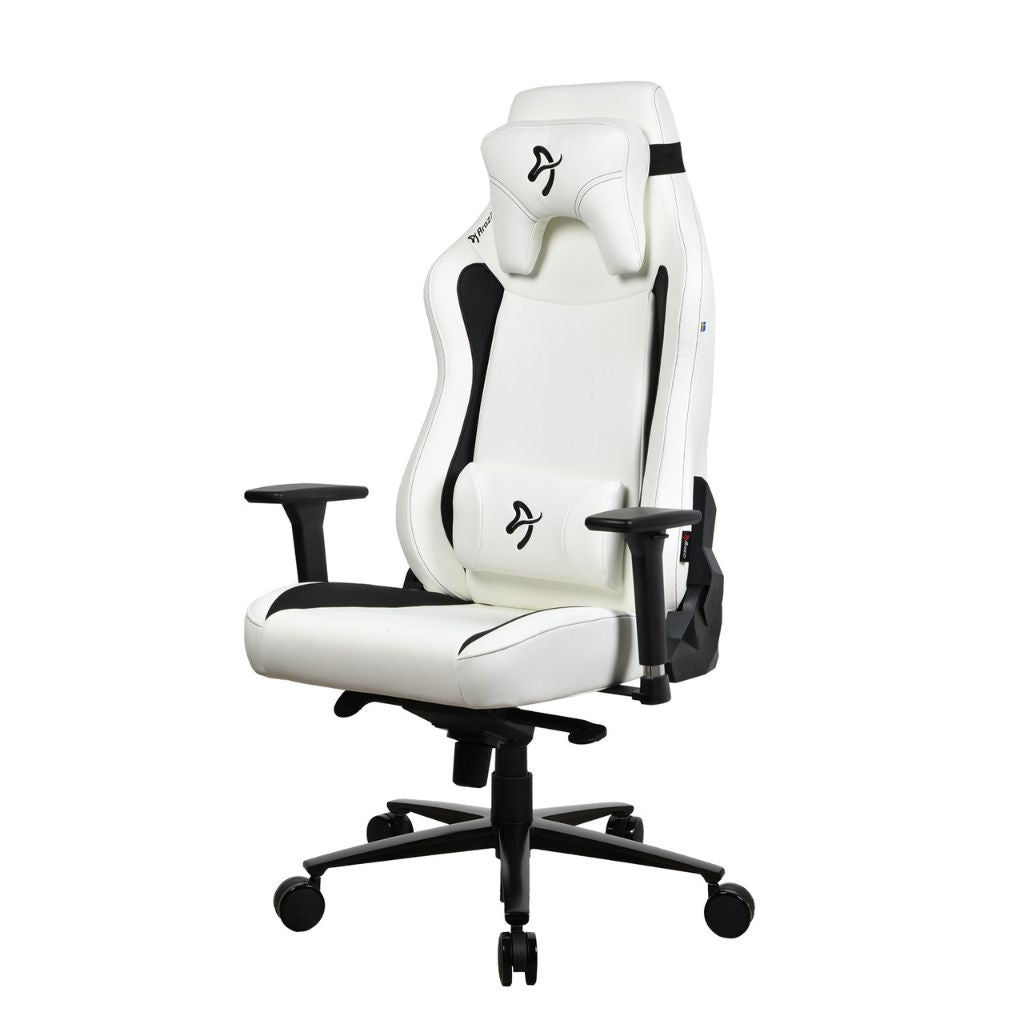 White gaming chair with black accents on a white background