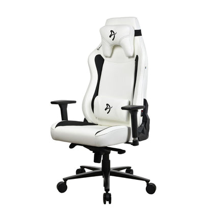 White gaming chair with black accents on a white background