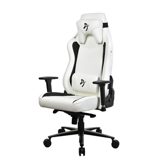 White gaming chair with black accents on a white background