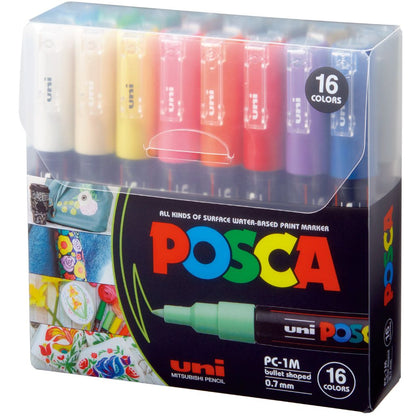 Packaging of POSCA paint markers with 16 colors displayed.