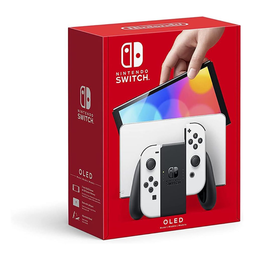 Red Nintendo Switch OLED packaging with a hand holding the console.