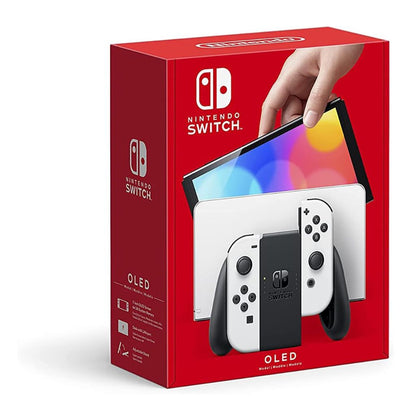 Red Nintendo Switch OLED packaging with a hand holding the console.