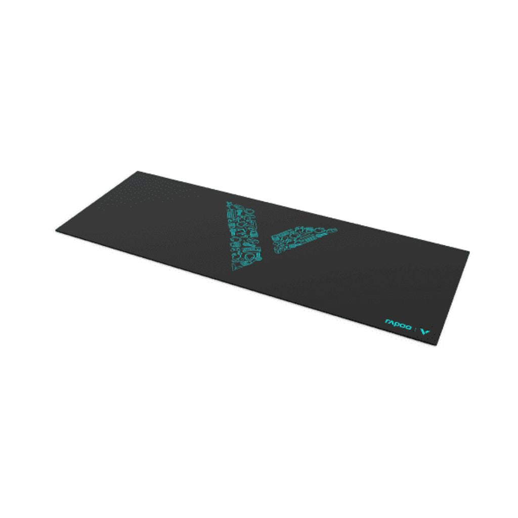 Black gaming mouse pad with blue text and logo on a white background