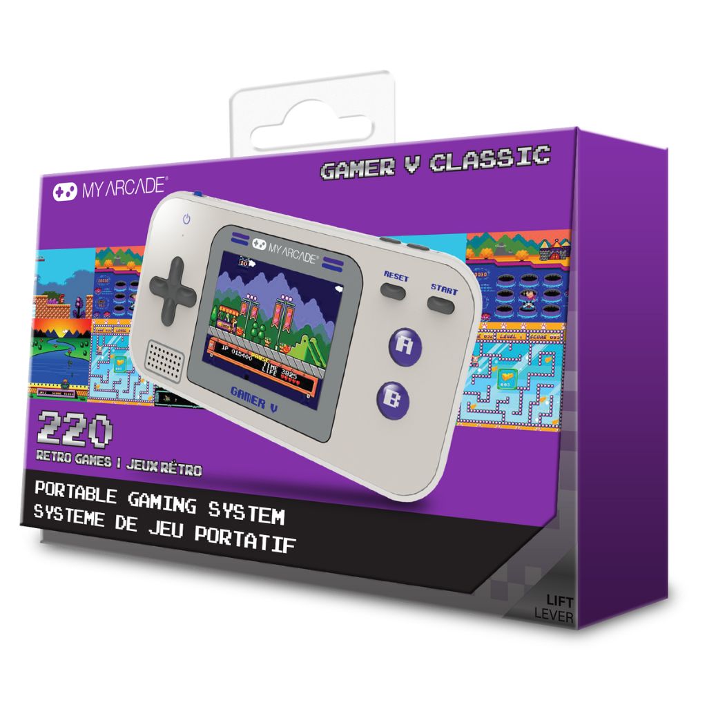 Purple packaging of a portable gaming system with a retro design on a white background