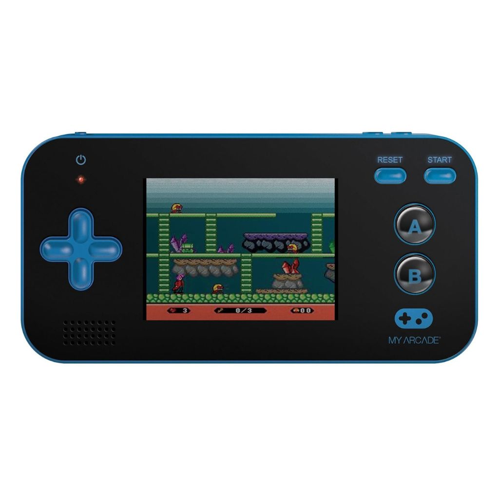 Handheld gaming console with screen displaying a classic game on a white background