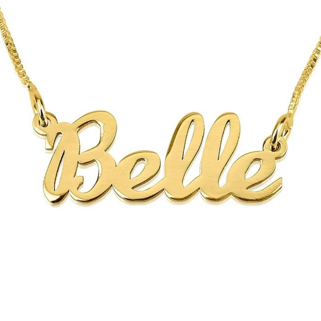 Gold necklace with 'Belle' pendant on a white background