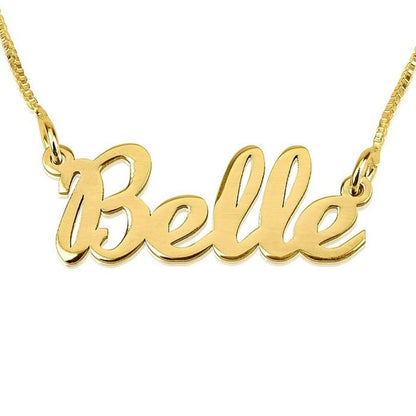 Gold necklace with 'Belle' pendant on a white background