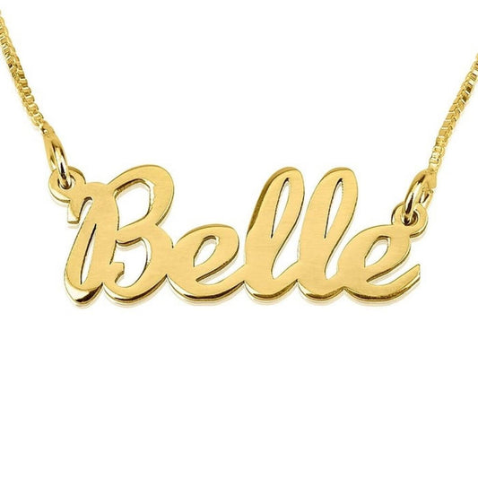 Gold necklace with 'Belle' pendant on a white background