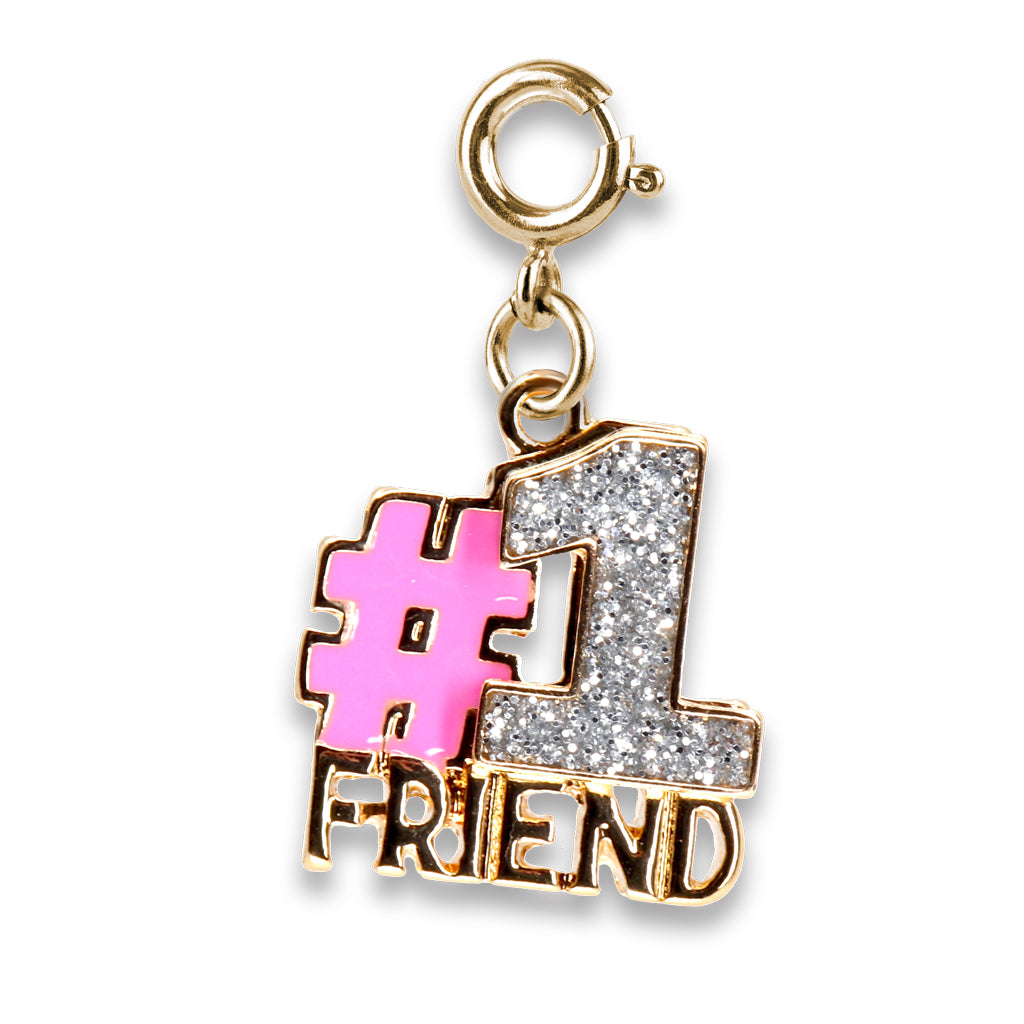 Gold charm with '#1 FRIEND' text on a white background