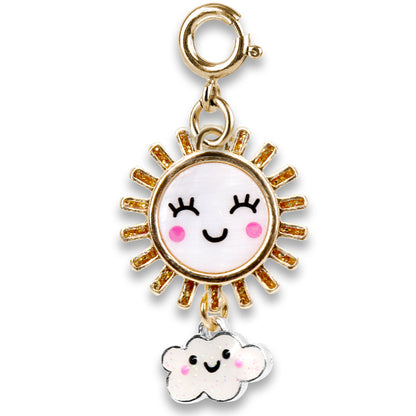 Sun and cloud charm with gold border on a white background