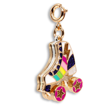Colorful roller skate charm with gold accents on a white background