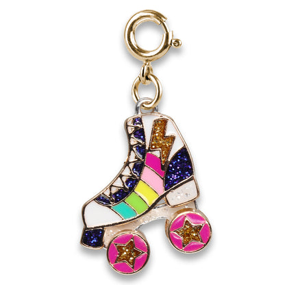 Colorful roller skate charm with gold accents on a white background