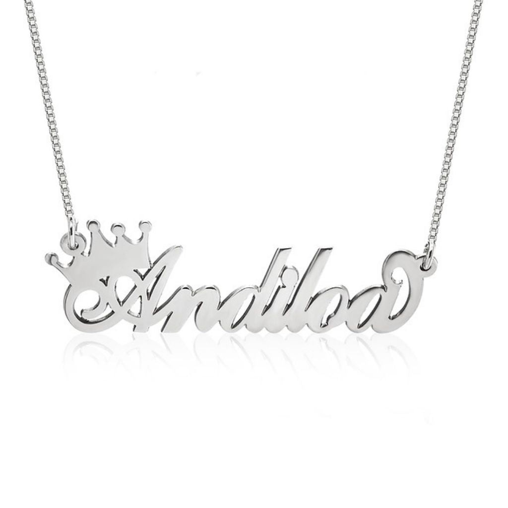 Silver name necklace with a crown design on a white background