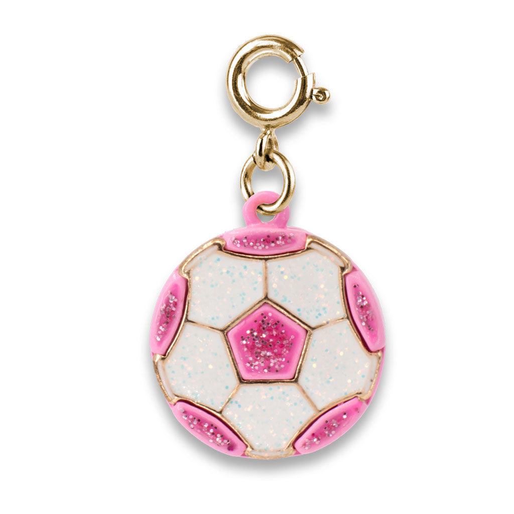 Soccer ball charm with pink accents on a white background