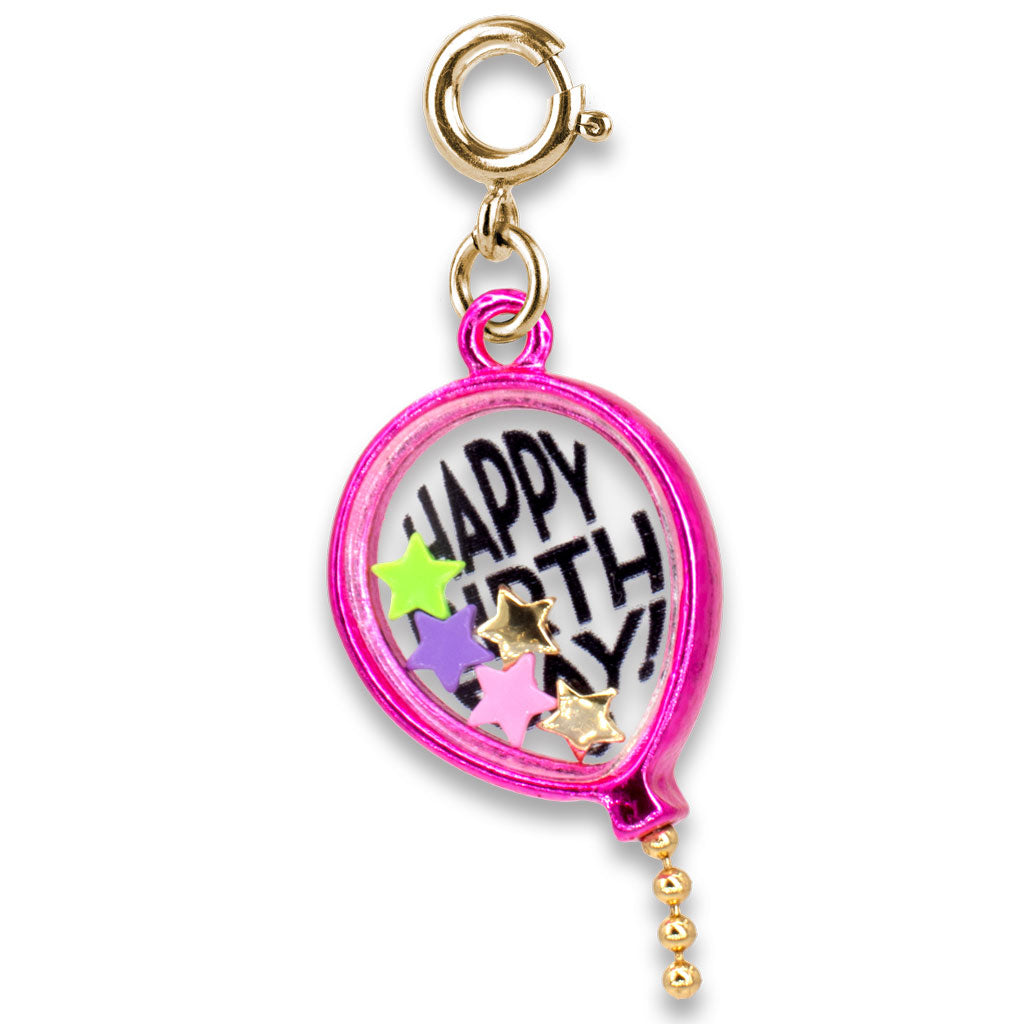 Pink balloon charm with 'Happy Birthday' text and colorful stars on a white background