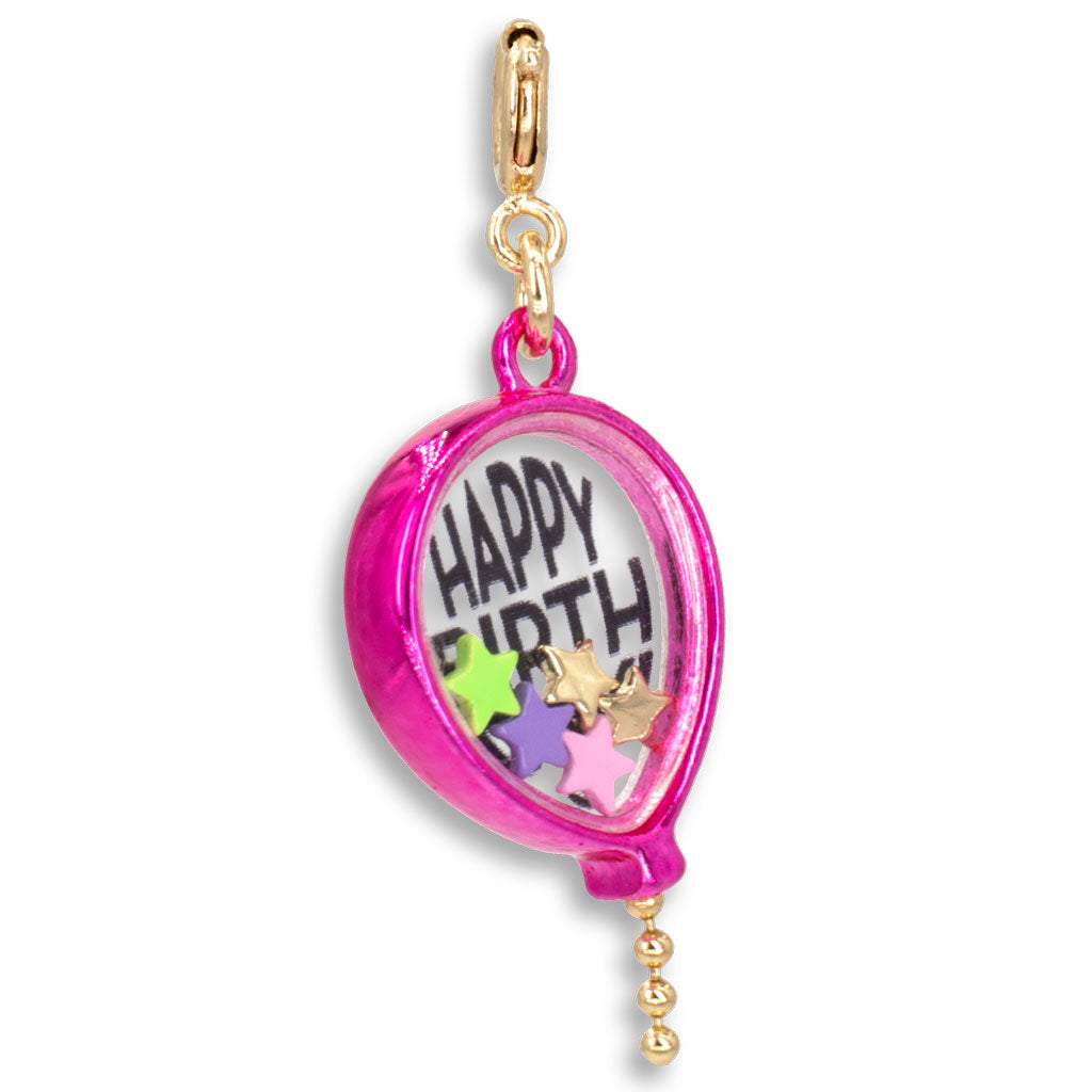 Pink locket charm with 'Happy Birthday' text and cartoon characters on a white background