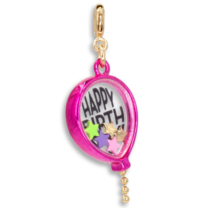 Pink locket charm with 'Happy Birthday' text and cartoon characters on a white background