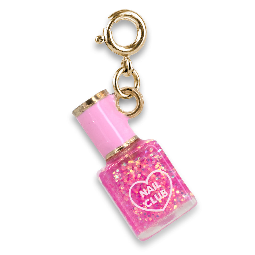 Pink glitter nail polish bottle charm with gold top on a white background