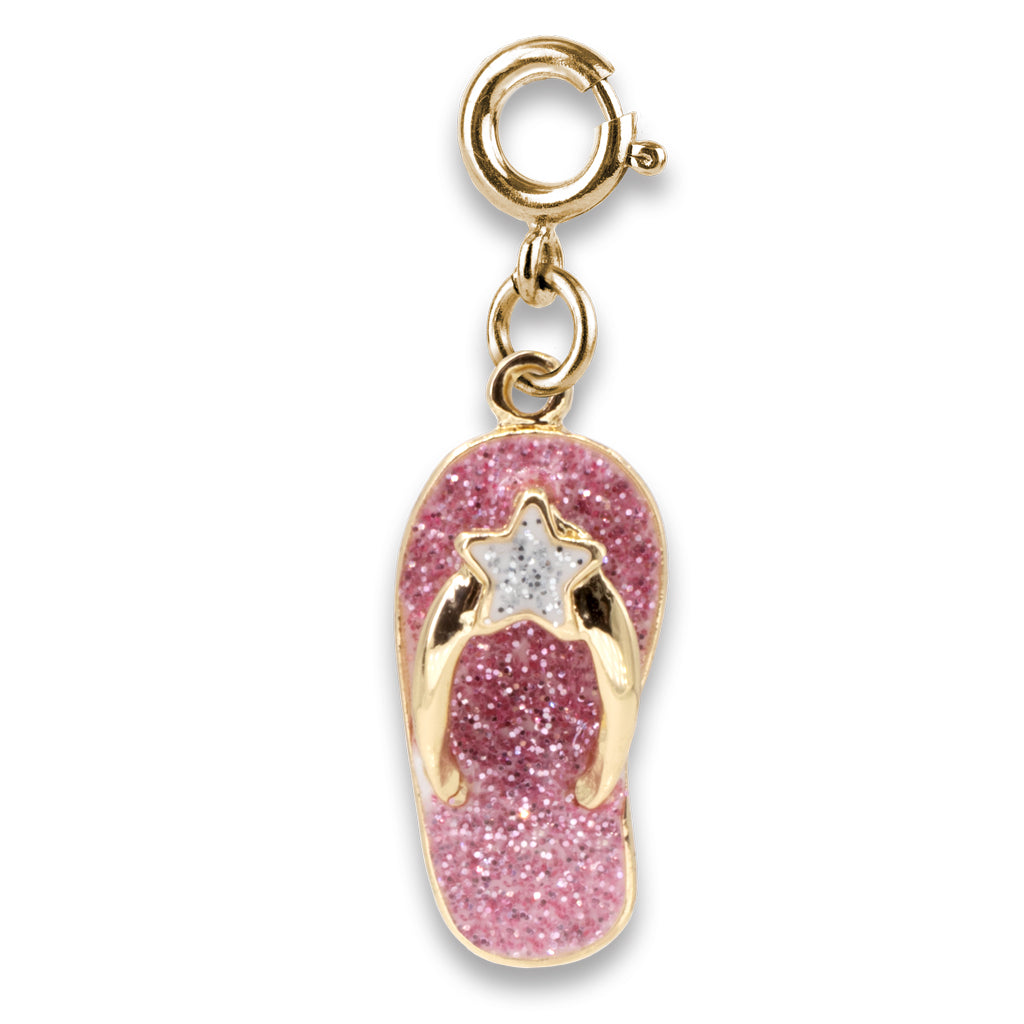 Pink glitter sandal charm with gold accents on a white background