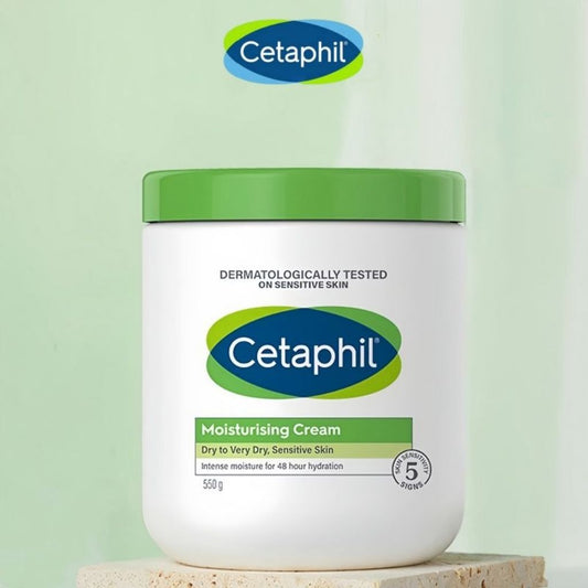 Cetaphil moisturizing cream jar on a light green background