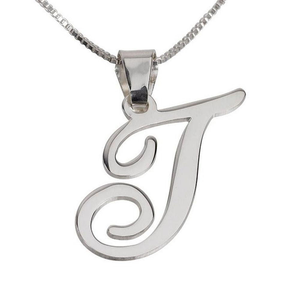 Silver necklace with a letter 'T' pendant on a white background
