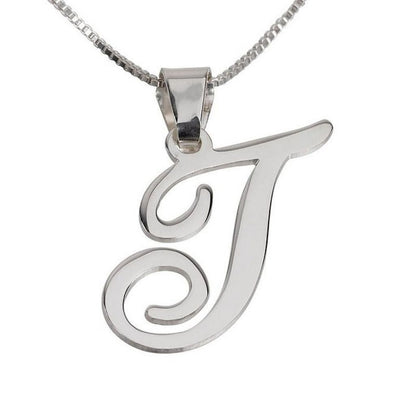 Silver necklace with a letter 'T' pendant on a white background