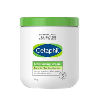 Cetaphil moisturizing cream jar with green lid on a white background