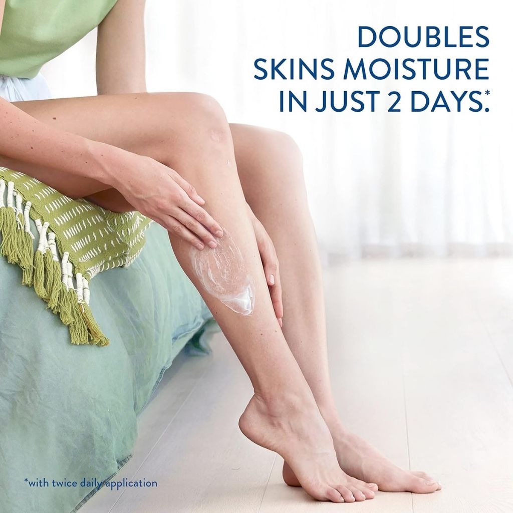 Person applying cream to their leg with text about moisture increase