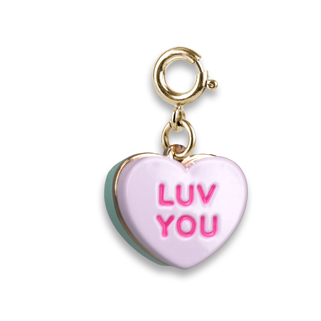 Heart-shaped charm with 'LUV YOU' text on a white background