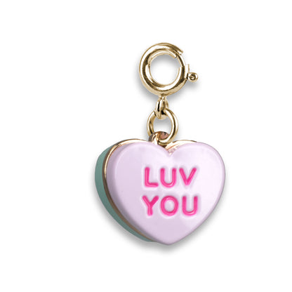 Heart-shaped charm with 'LUV YOU' text on a white background