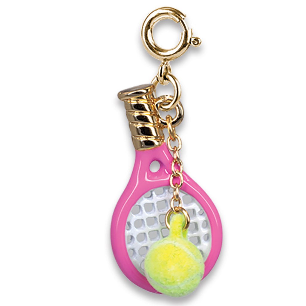 Tennis racket and ball charm with gold clasp on a white background