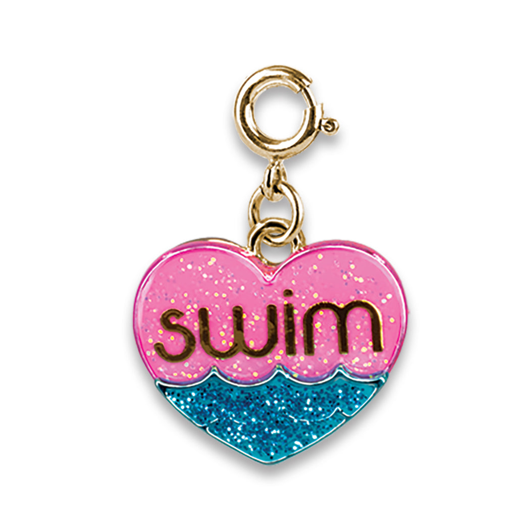Heart-shaped charm with 'swim' text on a pink and blue gradient background