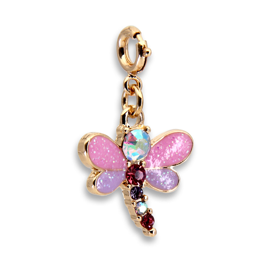Pink dragonfly charm with gold accents on a white background