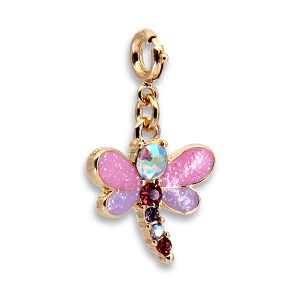 Pink dragonfly charm with gold accents on a white background