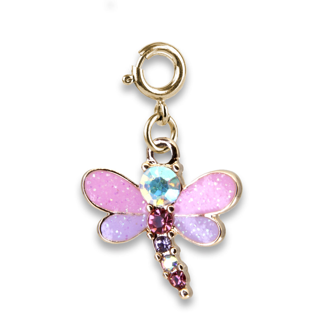 Gold dragonfly charm with pink and purple accents on a white background