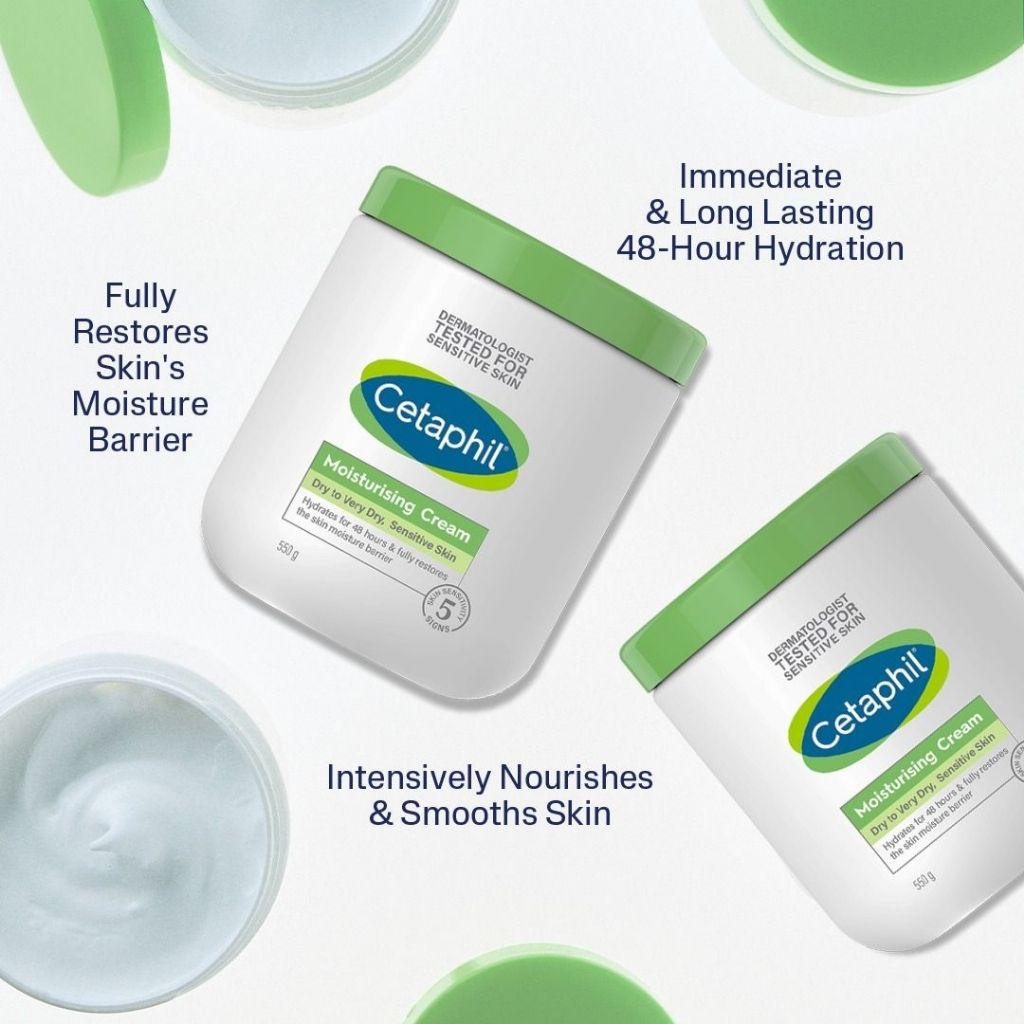 Cetaphil moisturizing cream with green lid on a white background