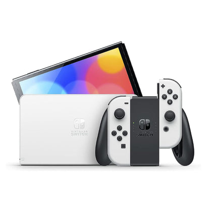 Nintendo Switch console with two Joy-Con controllers on a white background