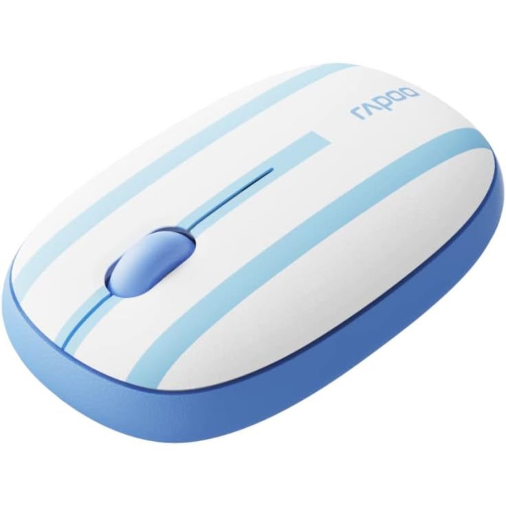 Blue and white computer mouse with Rapoo branding on a white background