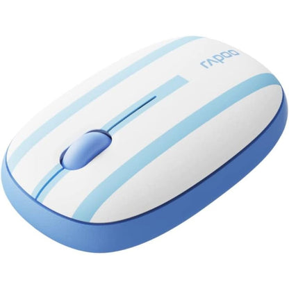 Blue and white computer mouse with Rapoo branding on a white background