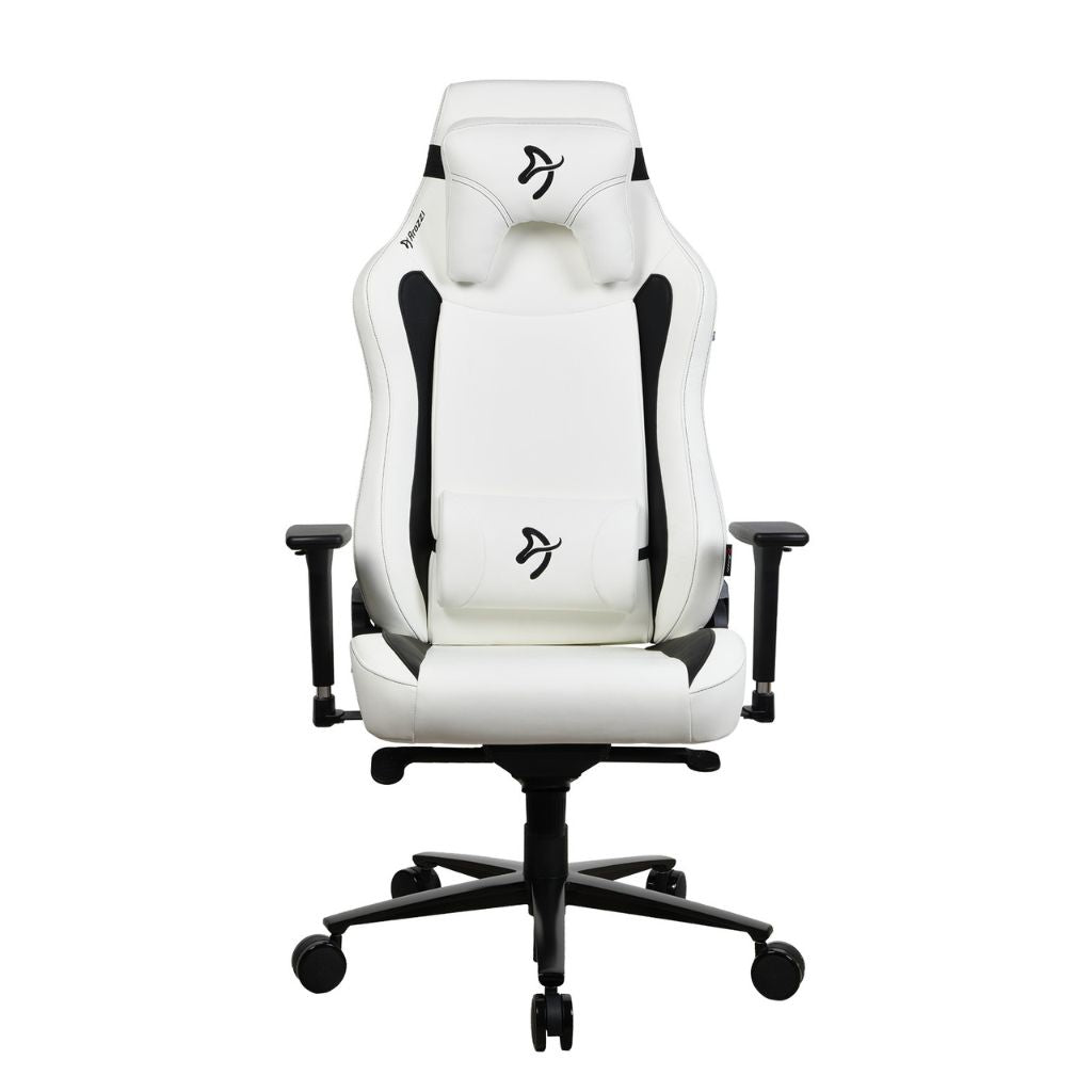 White gaming chair with black accents on a white background