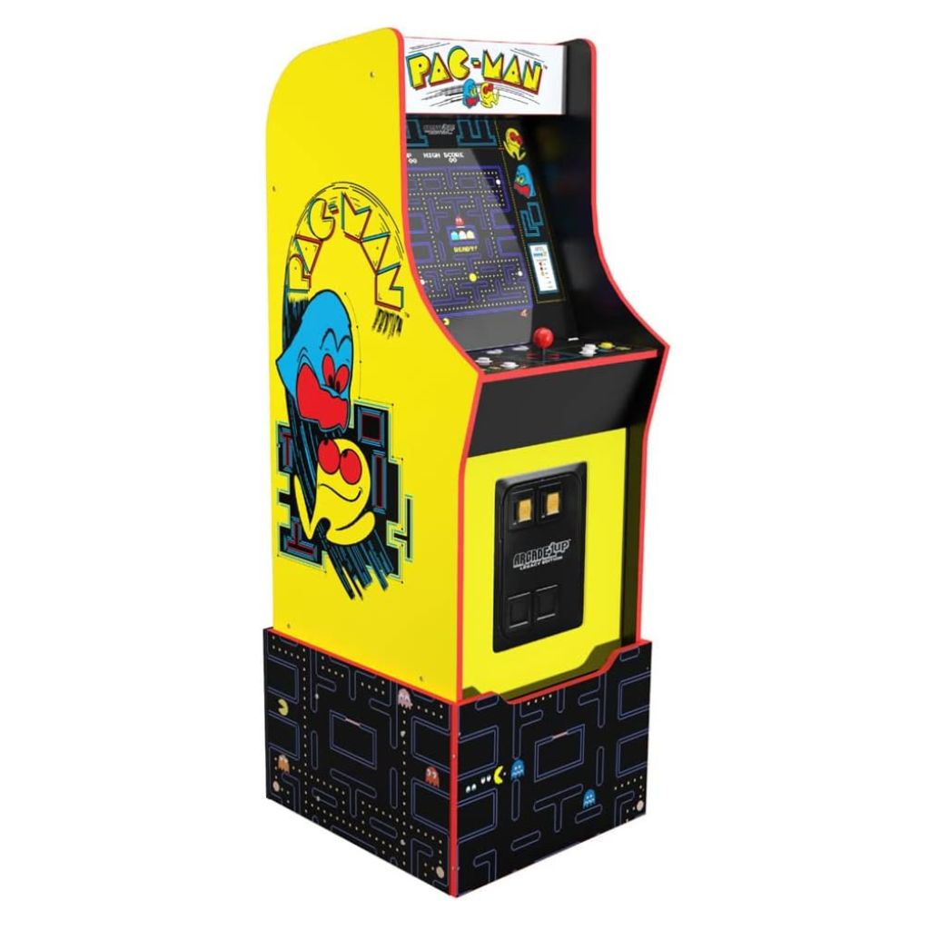 Pac-Man arcade machine with yellow and black design on a white background