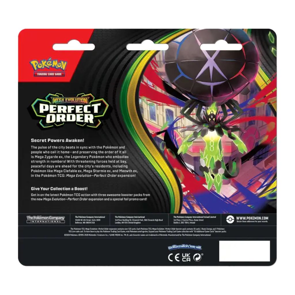 Pokémon Mega Evolution Perfect Order packaging with a Pokémon logo on a white background