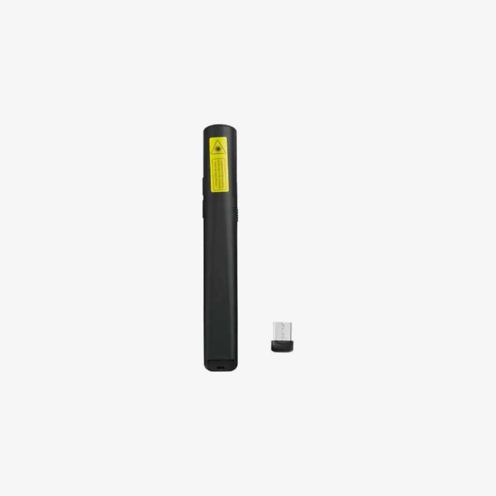 Black electronic device with a yellow label on a white background